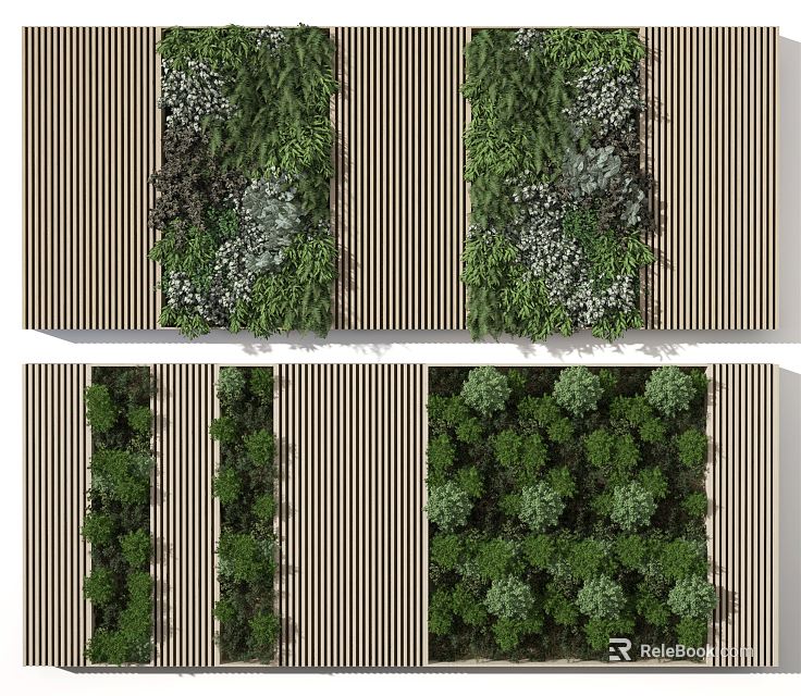 Green Plant Wall Design With Striped Background And Various Plant Species 3d model 