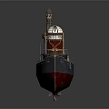 Vintage Warship Model with Three Chimneys Dark Blue Red Hull and Detailed Wooden Deck