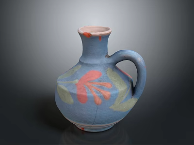Blue Ceramic Vase With Red And Green Floral Patterns And Handle 3d model