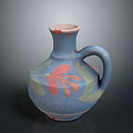 Blue Ceramic Vase With Red And Green Floral Patterns And Handle