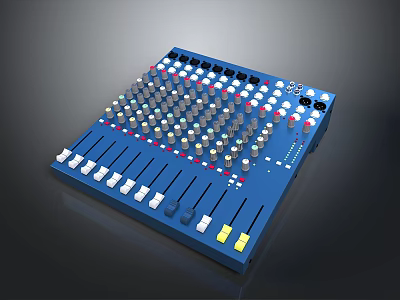 Blue Audio Mixer Console with Multiple Knobs Faders and Control Buttons for Household Use 3d model