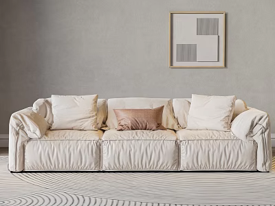 White Sectional Sofa With Pink And Beige Pillows On Gray Wall And Wavy Carpet 3d model