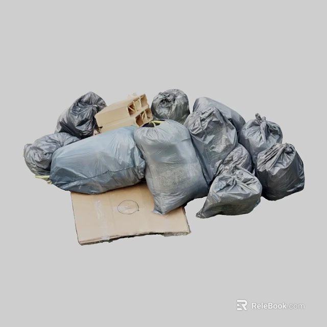 Pile of Gray Garbage Bags and Cardboard Box for Waste Disposal 3d model 