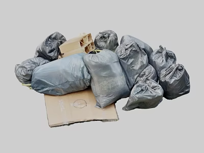 Pile of Gray Garbage Bags and Cardboard Box for Waste Disposal 3d model