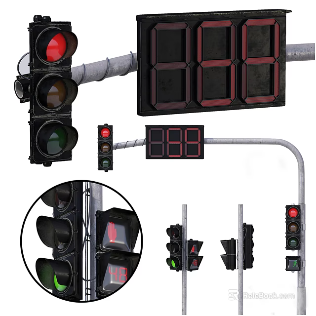Outdoor Traffic Lights With Red Green Signals Countdown Displays And Angles 3d model 