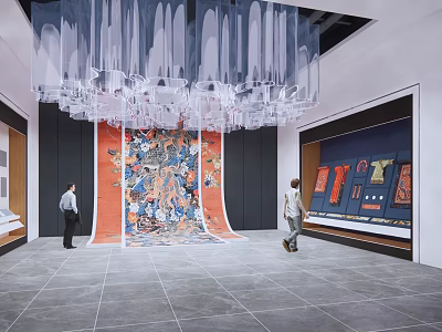Modern Exhibition Hall Featuring Large Colorful Artwork And Hanging Sculptural Installation With Visitors Exploring 3d model
