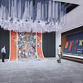 Modern Exhibition Hall Featuring Large Colorful Artwork And Hanging Sculptural Installation With Visitors Exploring