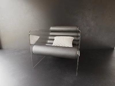 Black Leather Single Chair With Transparent Acrylic Frame And Patterned Pillow 3d model