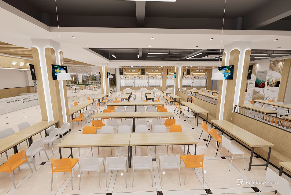 Spacious Modern Dining Area With Tables Chairs And Ceiling Lights 3d model