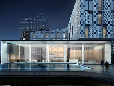 Modern Office Building Exterior With Glass Curtain Wall And Water Pool At Night 3d model