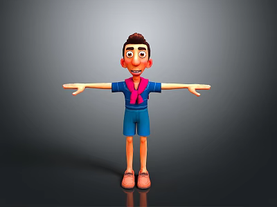 Cartoon Man With Brown Hair Pink Scarf Blue Outfit And Outstretched Arms On Gray Background 3d model
