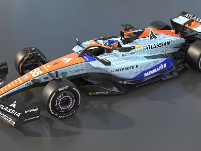 Orange And Gray Formula 1 Car Featuring ATLASSIAN Sponsors And Racing Tires 3d model