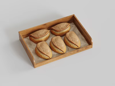 Five Freshly Baked Golden Brown Pastries in Wooden Tray on Light Background 3d model