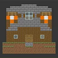 Cartoon Pixel House Scene With Brown Bricks Gray Roof Green Grass And White Decorations