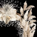 Golden Feather Like Flower Ornamental Decor Set With Small Particle Embellishments On Black Background