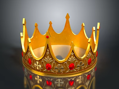 Shiny Golden Crown Decorative Accessory For Home With Red Gemstones And Intricate Designs 3d model