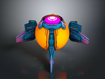 Futuristic Sci Fi Device With Orange Spherical Body Purple Glowing Top And Blue Side Thrusters 3d model