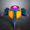 Futuristic Sci Fi Device With Orange Spherical Body Purple Glowing Top And Blue Side Thrusters
