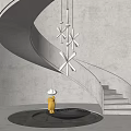 Spiral Staircase With Gray Concrete Walls Star Shaped Hanging Lights Golden Statue On Circular Platform