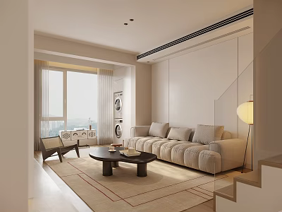 Cozy Modern Living Dining Room Interior With Sofa Coffee Table Floor Lamp And Large Window 3d model