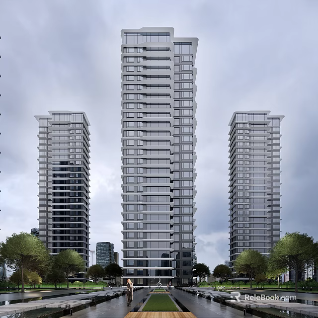 Three Modern High Rise Apartment Buildings Surrounded by Trees Under Overcast Sky 3d model