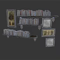 Vintage Wooden Bookshelf Furniture With Stacked Books And Decorative Framed Artworks