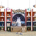 Colorful Pokémon Plush Toys Display with Rabbit Doll in Center and Cloud Pendant Lights