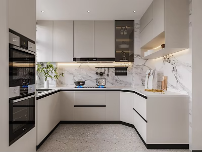 Modern Kitchen Interior Design With White Cabinets Marble Island Counter And Appliances 3d model