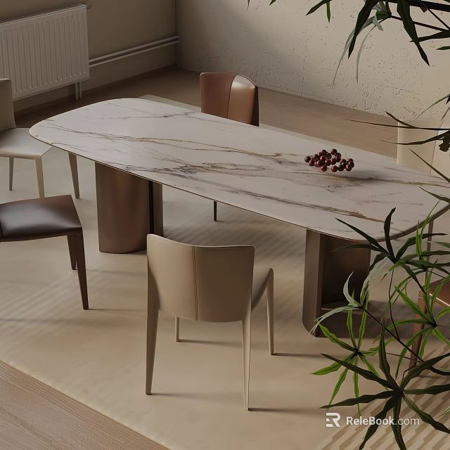 Modern Dining Table Set With Marble Tabletop Upholstered Chairs And Green Plants 3d model 
