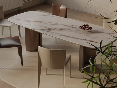 Modern Dining Table Set With Marble Tabletop Upholstered Chairs And Green Plants 3d model