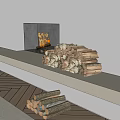Modern Fireplace Interior With Burning Fire And Stacked Wood Logs 3d model