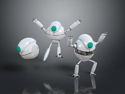 Animated White Robot Game Movie Characters With Green Eyes And Action Poses 3d model
