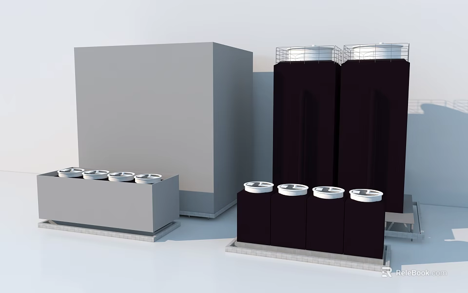 Public Facility Equipment Featuring Large Gray And Black Enclosures With White Circular Components 3d model 