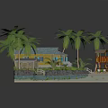 Colorful Tropical Cartoon Scene With Yellow House Blue Roof Palm Trees Beach And Lifeguard Tower