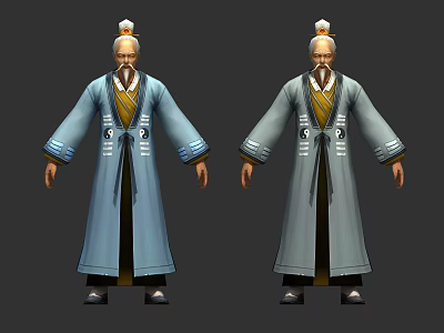 Elderly Man In Traditional Blue Robe With Yellow Accents And White Hair Topknot 3d model