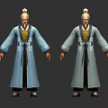 Elderly Man In Traditional Blue Robe With Yellow Accents And White Hair Topknot