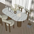 Dining Table Set with Marble Tabletop Upholstered Chairs Decorative Vase and Window Plants 3d model