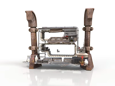Mechanical Structural Design Featuring Wooden Pillars And Metal Frame Internal Components 3d model