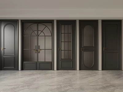Modern Interior Featuring Black Swing Doors With Glass And Panel Designs 3d model