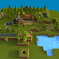Cartoon Village Scene With Colorful Roofs Trees Green Grass And Wooden Fences