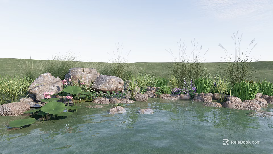 Tranquil Rock and Wood Garden Pond with Lotus Leaves and Tall Grass 3d model 
