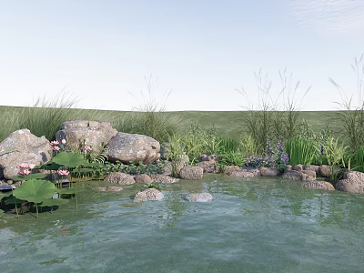 Tranquil Rock and Wood Garden Pond with Lotus Leaves and Tall Grass 3d model