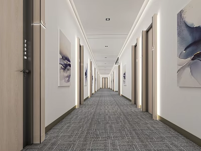 Modern Hotel Corridor With Decorative Paintings Soft Lighting And Carpeted Floor 3d model