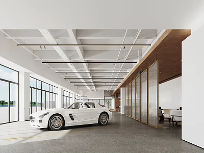 Bright Modern Indoor Showroom With White Sports Car Large Windows Wooden Accents And Open Layout 3d model