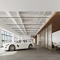 Bright Modern Indoor Showroom With White Sports Car Large Windows Wooden Accents And Open Layout