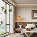 Modern Bedroom With Wooden Headboard Rattan Pendant Lights Textured Rug Decorative Painting And Window Plants