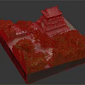 Traditional Ancient Architecture Model With Multi Tiered Tower And Lush Greenery Surroundings