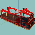 Traditional Wooden Boat With Red Fabrics Lanterns And Stairs Floating On Night Sea With Reflections
