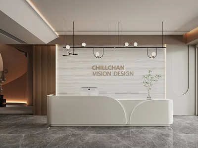 Modern White Curved Reception Desk Interior Design With Hanging Lights And Potted Plant 3d model