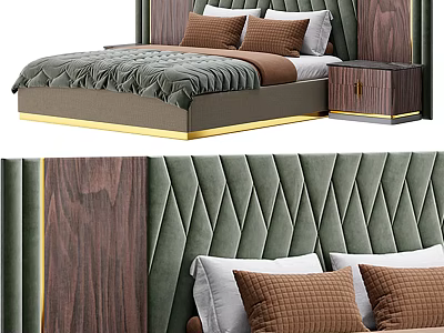Double Bed With Green Diamond Pattern Headboard Wooden Frame And Brown White Pillows 3d model